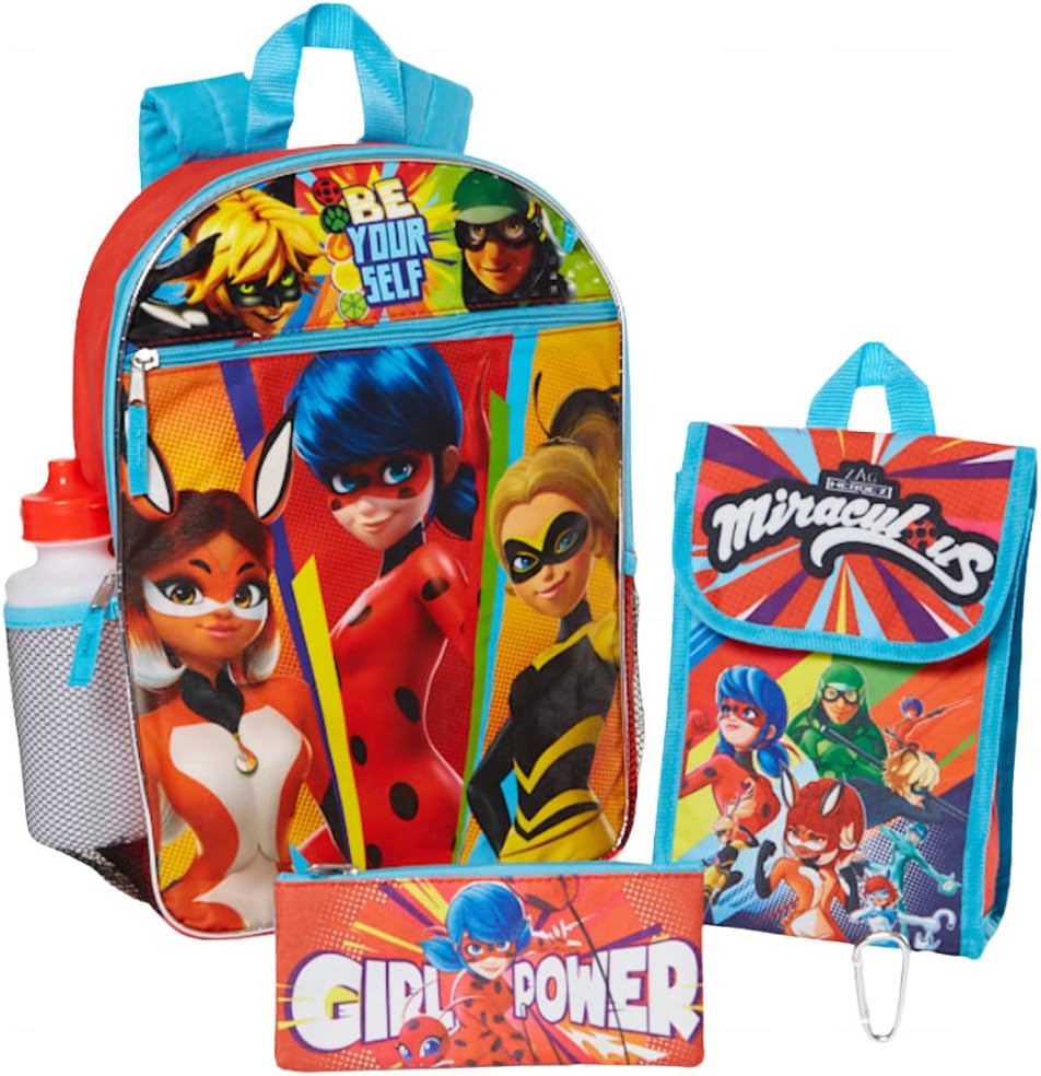 Miraculous Ladybug Girl Power Backpack Set for Girls, 16 inch with Lunch Bag & Pencil Case W2787