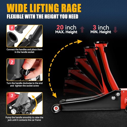 Auto Dynasty 4 Ton Low Profile Floor Jack, Heavy Duty Steel Hydraulic, Yellow B7990