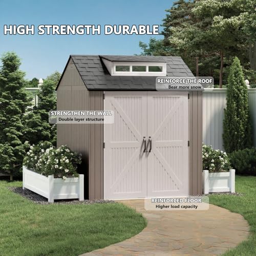 Resin Outdoor Storage Shed with Floor, Weatherproof, Lockable, Brown, 7x7 FT S969