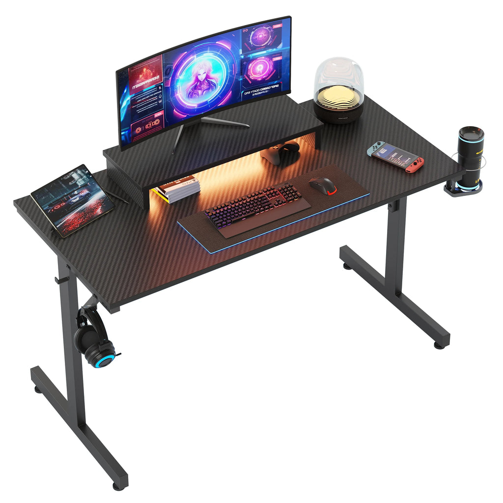Bestier 42" Gaming Desk with LED Lights & Monitor Stand, Carbon Fiber Black B707