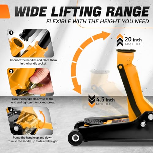 Auto Dynasty 4 Ton Low Profile Floor Jack, Heavy Duty Steel Hydraulic, Yellow B7990