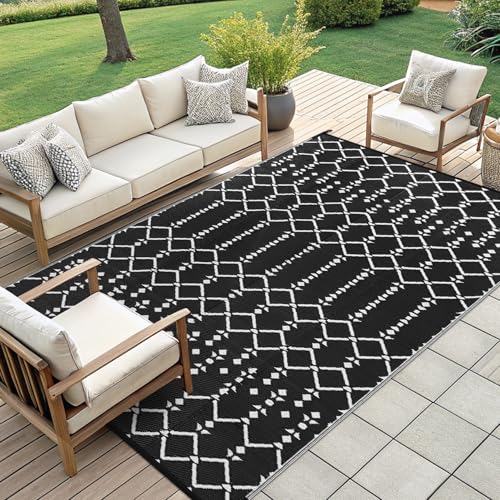 Smiry Waterproof Outdoor Rug 5x8 ft, Reversible Plastic Straw Patio Mat, Black & Beige P20186