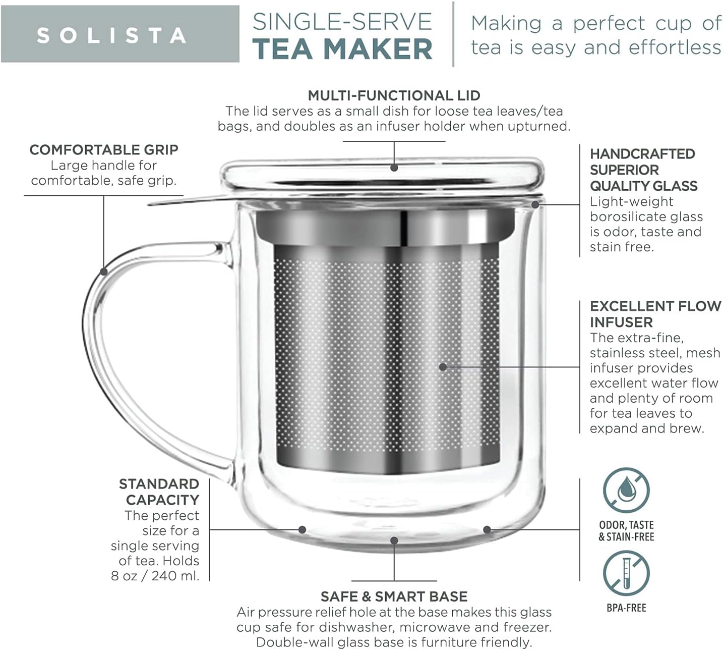 Teabloom Personal Tea Maker - Insulated Glass Cup with Loose Tea Infuser and Lid T4410