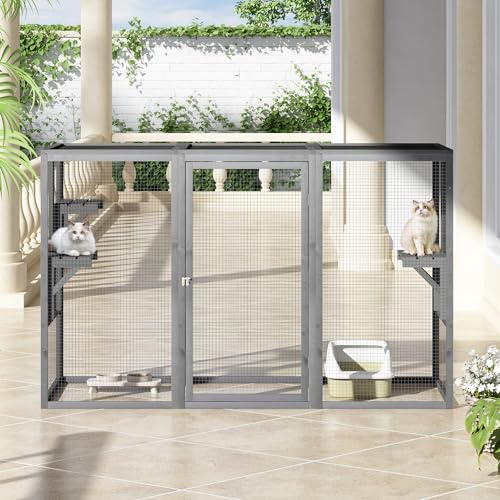 Outdoor Cat Enclosure Weatherproof Wooden Catio with 3 Platforms Grey D292834