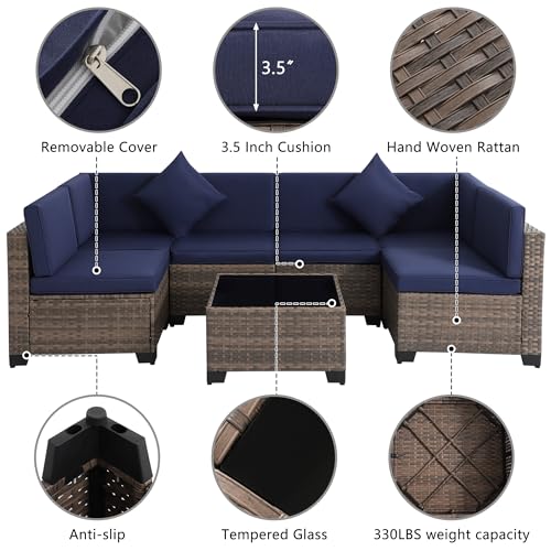 KIGOTY Patio Furniture Set 7 Pieces Outdoor Sectional Sofa with Cushions and Glass Coffee Table B60021