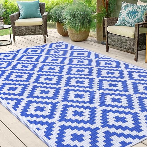 Smiry Waterproof Outdoor Rug 5x8 ft, Reversible Plastic Straw Patio Mat, Black & Beige P20186