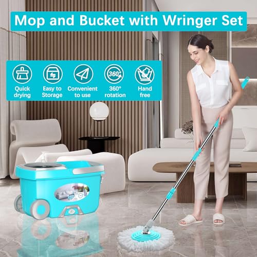 FunClean Spin Mop and Bucket with Wringer, 360° Floor Cleaning Tool, 61" Handle, Blue Q21676