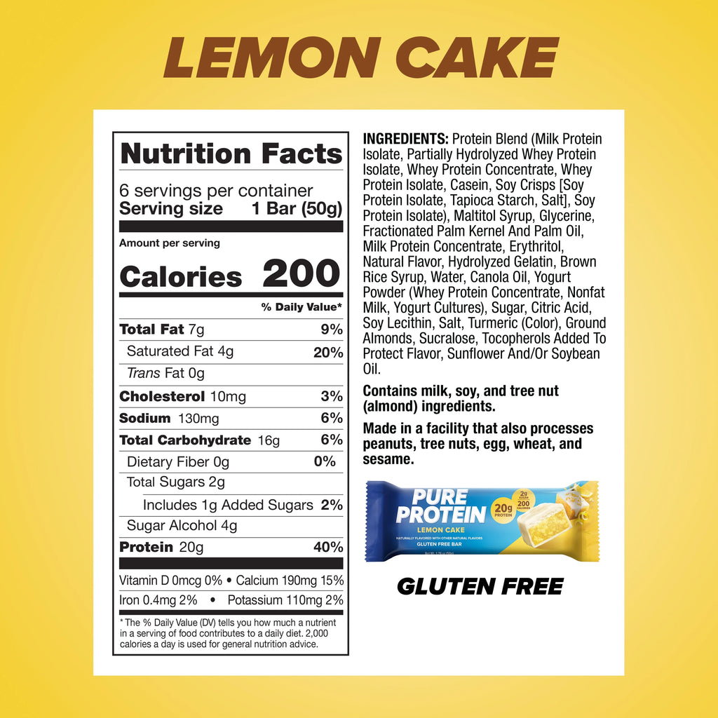 Pure Protein Bars Lemon Cake 20g Protein Gluten Free 6 Ct G6486