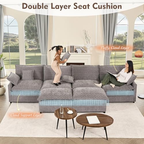 U Shaped Modular Sectional Sofa with Ottoman, Chenille, Black P2121