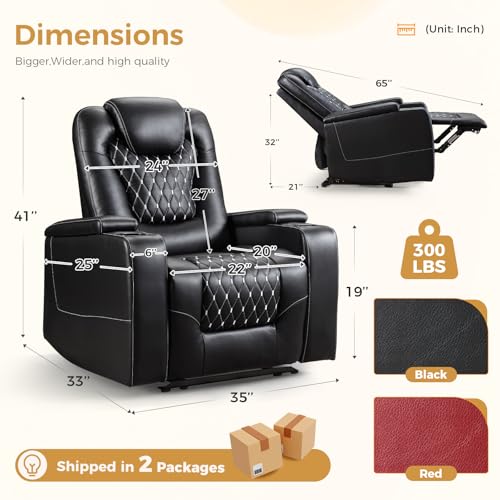 ANJ Power Recliner Chair with USB Ports and Cup Holders, PU Leather, Red R855581