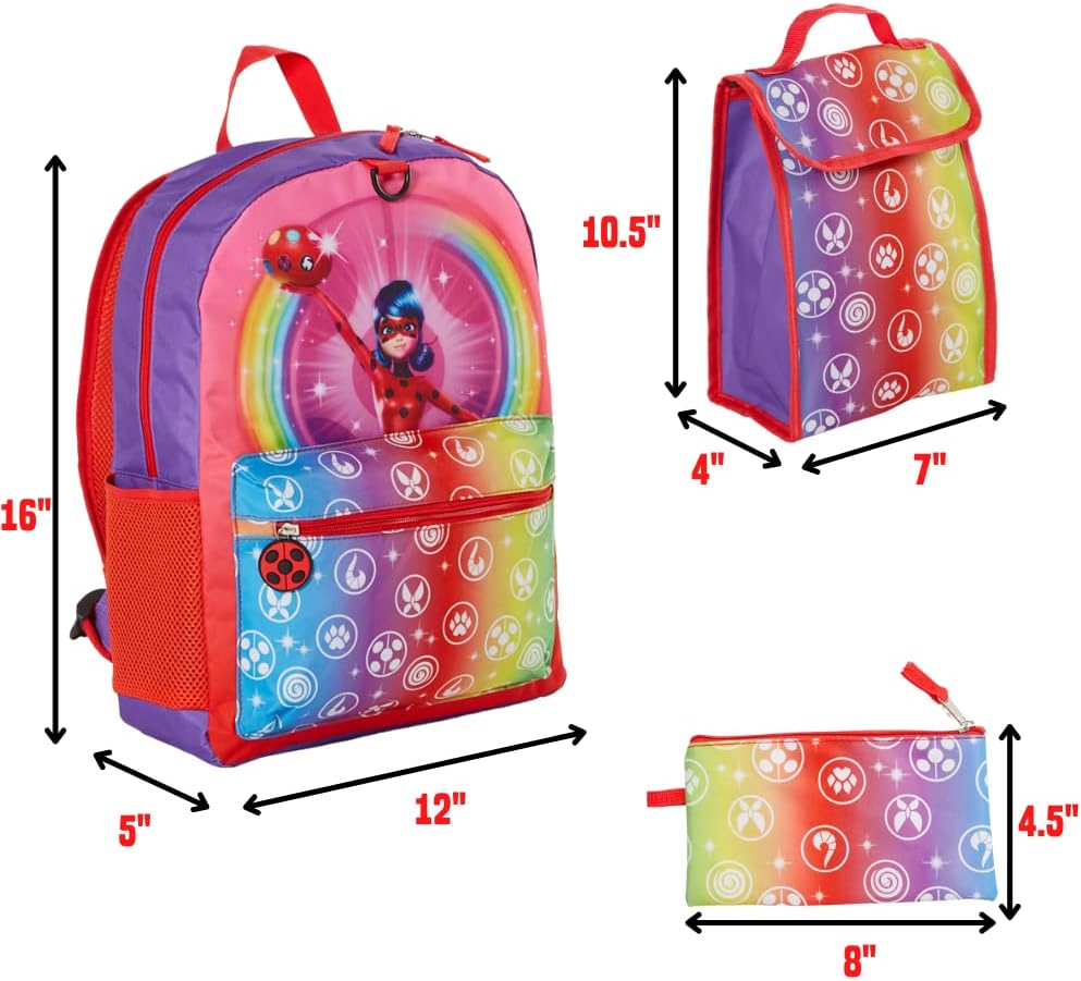 Miraculous Ladybug Backpack Set with Lunch Bag for Girls, 16 inch, 5 Piece N11823