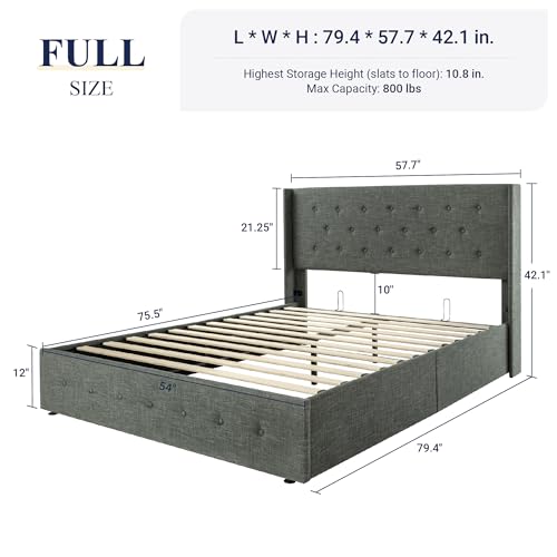 Allewie Full Size Lift Up Storage Bed with Wingback Headboard, Light Beige C85153