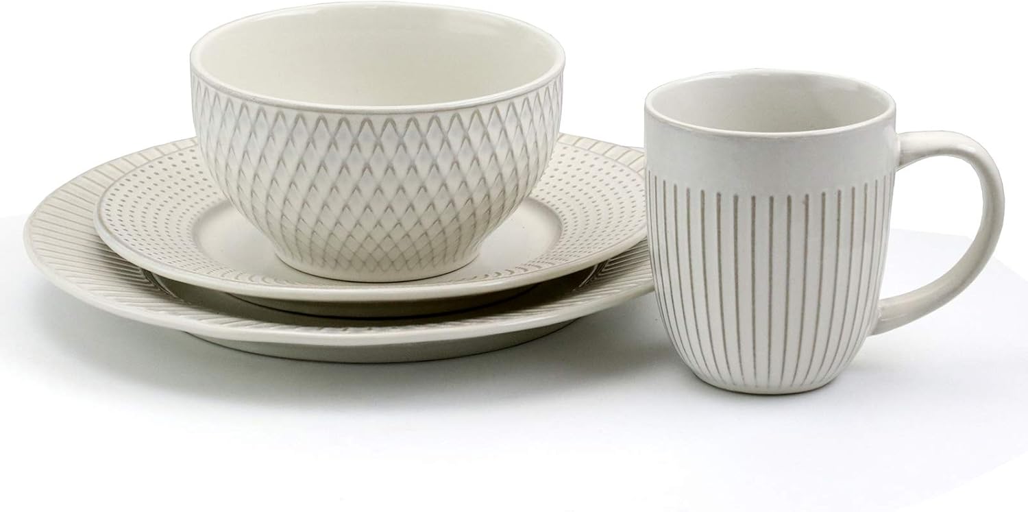 Elama Contemporary Round Embossed Stoneware Dinnerware Set, 16 Piece, White H295