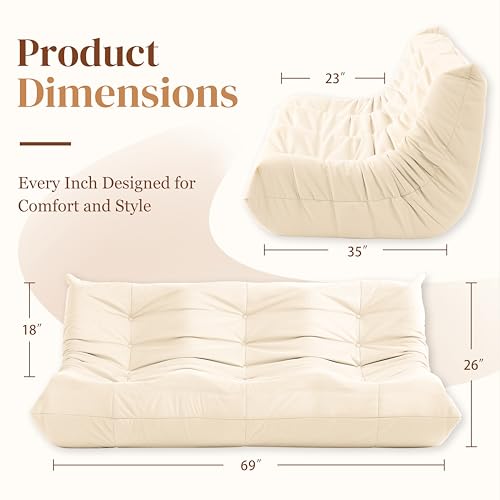 Bean Bag Chair for Adults Suede Microfiber Fireside Floor Chair 3-Seater Beige F151744