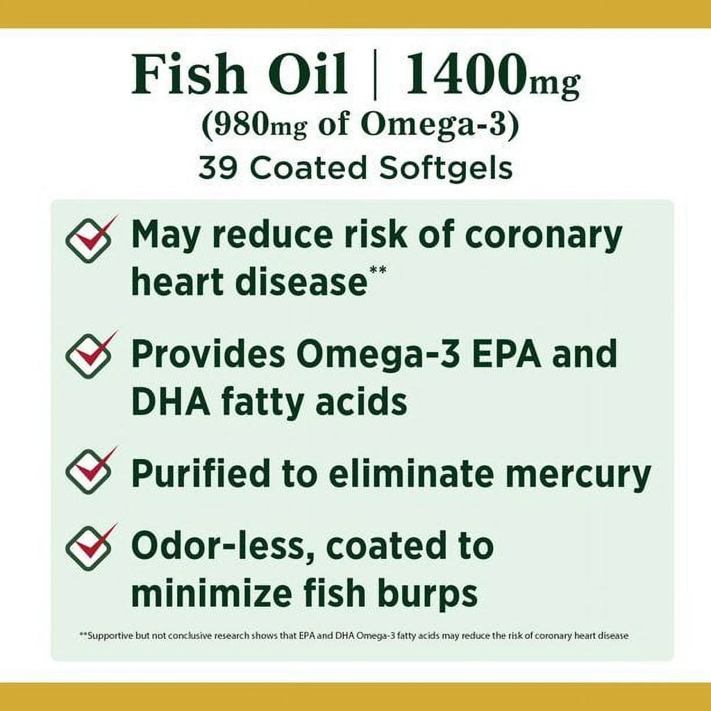 Nature's Bounty Fish Oil Omega-3 Coated Softgels 1400 mg, 39 Count Y241538