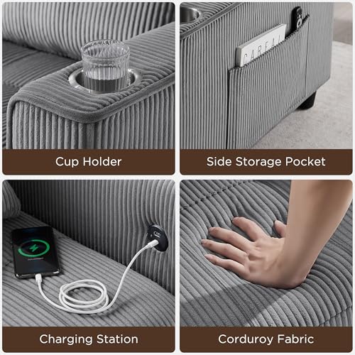 OKD 3 in 1 Convertible Sleeper Sofa Bed, Corduroy Pull Out Futon Couch with Charging Station, Light Grey Y57647