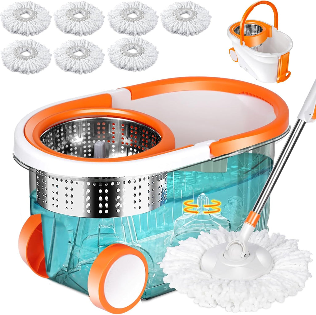 MASTERTOP Spin Mop and Bucket with Wringer Set, 57" Adjustable Extended Handle for Floor Cleaning, Stainless Steel Spinning Bucket with 2 Wheels Easy Moving, 6 Microfiber Mop Pads