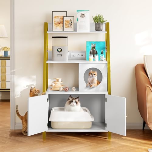 DWVO Cat Litter Box Enclosure with Shelves, Wooden Cat Cabinet, Gold White G890068