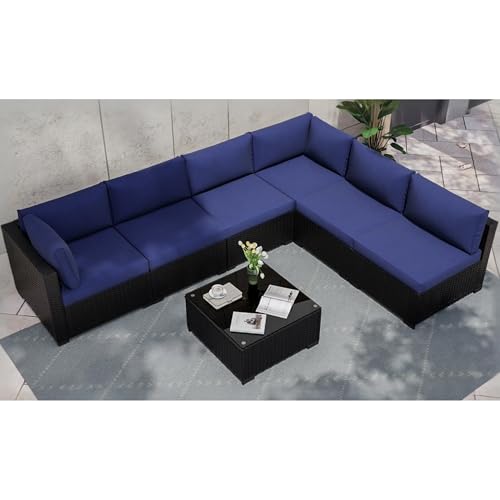 KIGOTY Patio Furniture Set 7 Pieces Outdoor Sectional Sofa with Cushions and Glass Coffee Table B60021