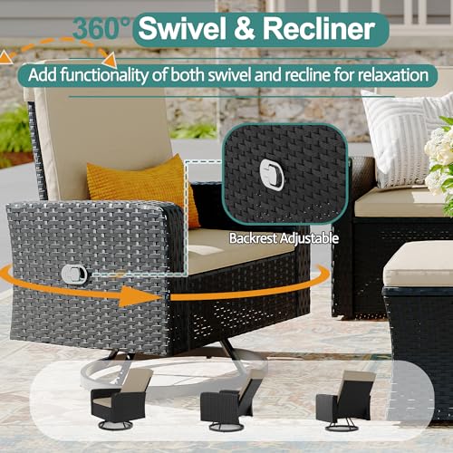 6 Piece Wicker Patio Furniture Set with Swivel Recline Chairs and Storage Ottoman X6280