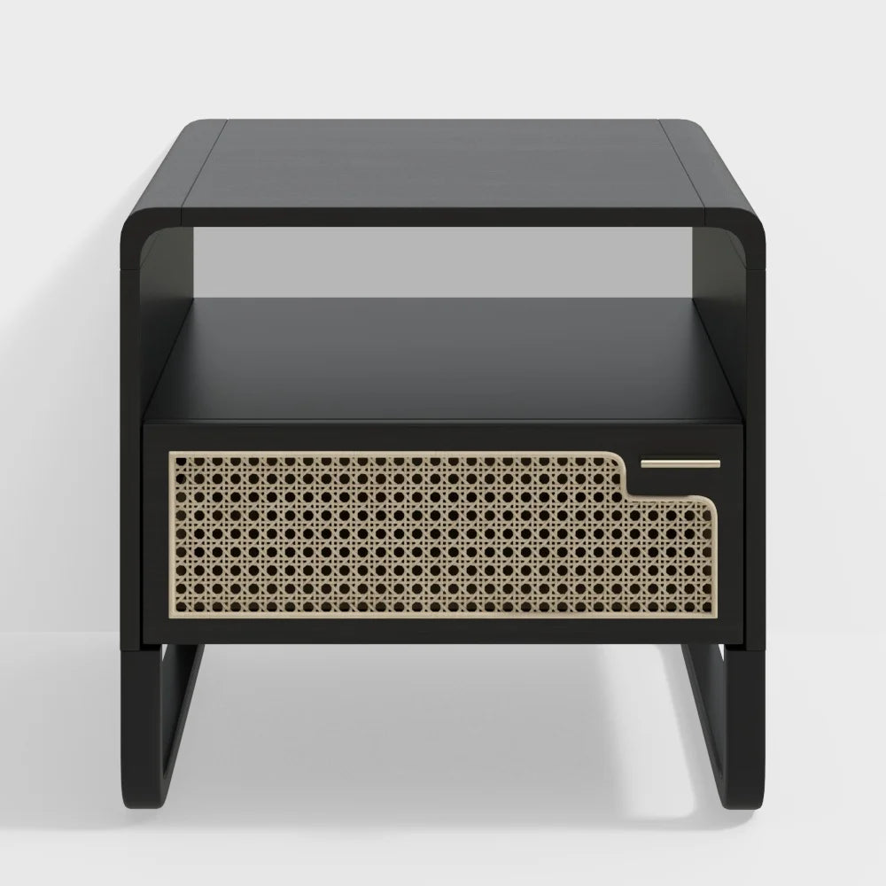 Minimalist Rattan Nightstand with Drawer, Black K345