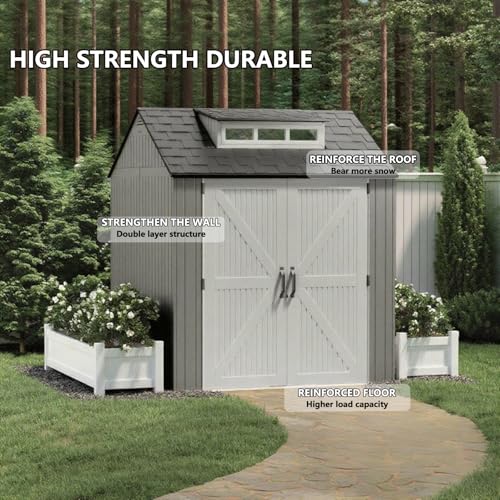 Resin Outdoor Storage Shed with Floor, Weatherproof, Lockable, Brown, 7x7 FT S969