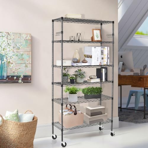 6 Tier Storage Shelves with Wheels, Heavy Duty Adjustable Metal Shelving Rack, Black T460