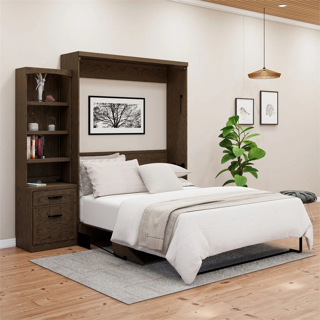 RoomAndLoft Cape Cod Wood Queen Murphy Wall Desk Bed with Shelf Storage, Brown U68106