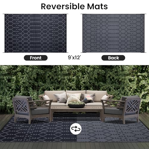 Smiry Waterproof Outdoor Rug 5x8 ft, Reversible Plastic Straw Patio Mat, Black & Beige P20186