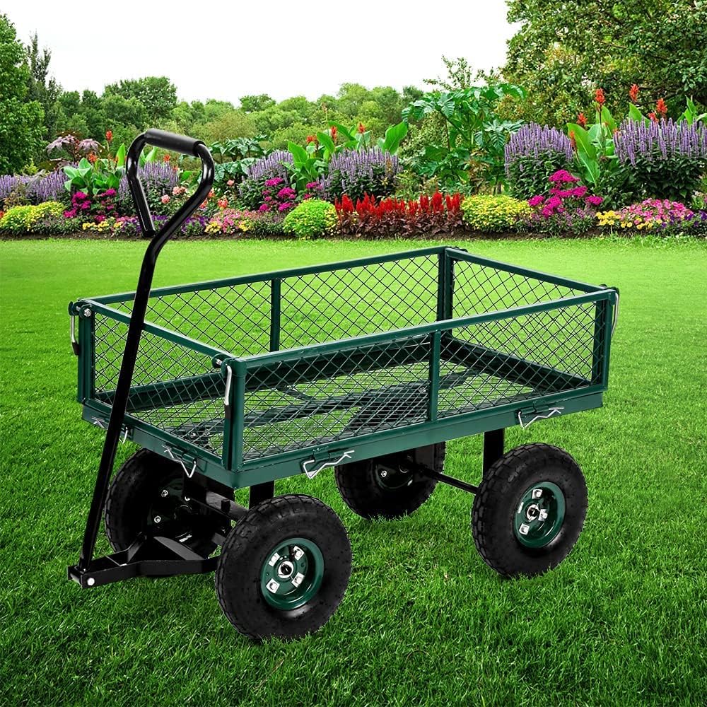 Heavy Duty Utility Wagon Garden Cart, Mesh Steel Lawn Poly Dump Cart with Removable Sides, 400lb Weight Capacity, Long Handle and 10in Tires, Folding Collapsible Wagon for Grocery, Garden, Beach