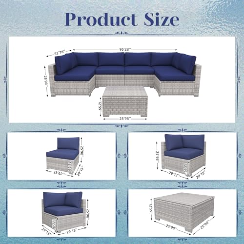 KIGOTY Patio Furniture Set 7 Pieces Outdoor Sectional Sofa with Cushions and Glass Coffee Table B60021