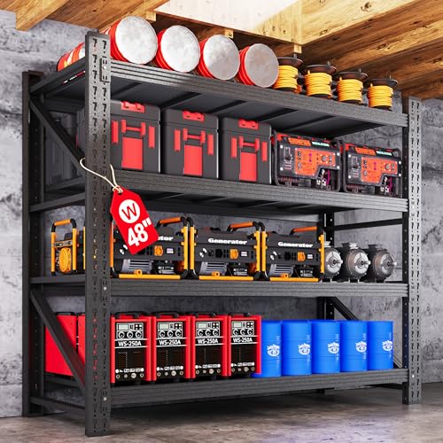 71" W Heavy Duty Steel Garage Shelving, 4-Tier Adjustable Storage Rack, Black C40455