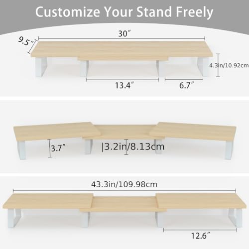 Dual Monitor Stand Wood Desk Organizer with Adjustable Length and Angle (Vintage) O519