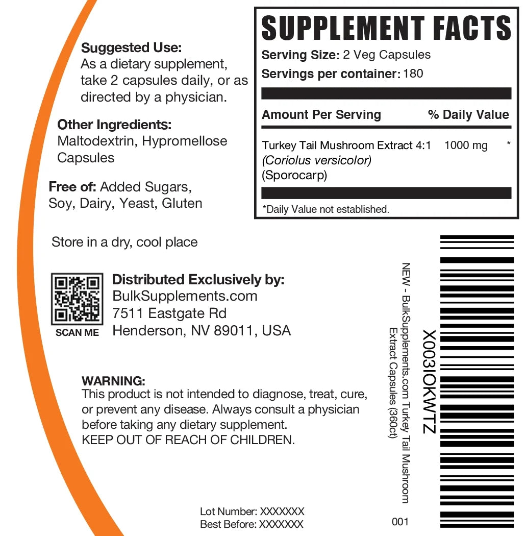 Turkey Tail Mushroom Capsules 1000mg by BulkSupplements.com, 360 Count T845772