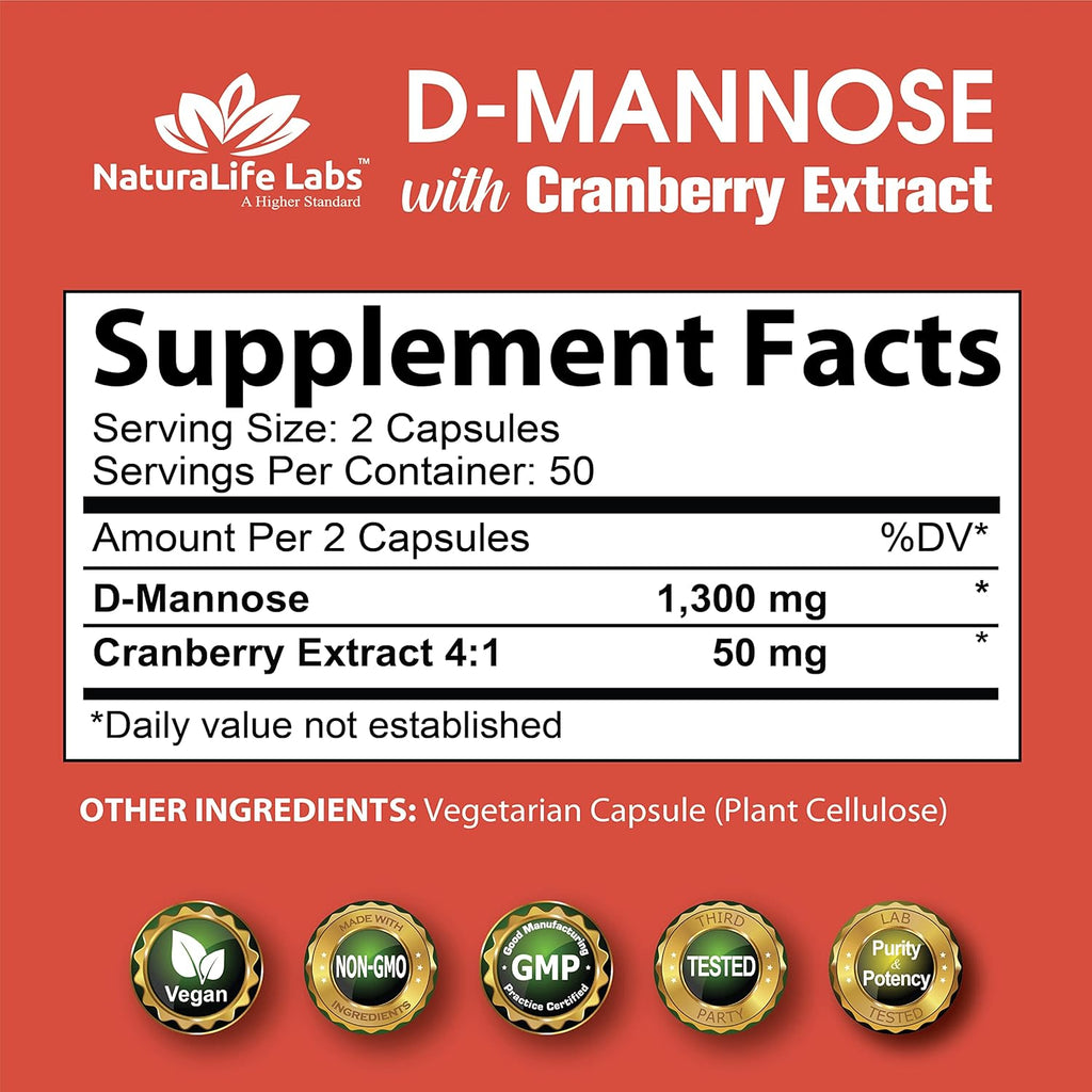 D-Mannose 1,300 mg with Cranberry Extract, 100 Veggie Capsules O30029