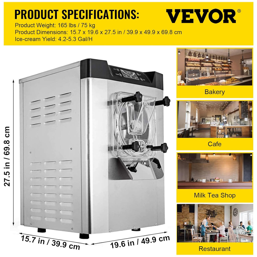 VEVOR Commercial Ice Cream Machine 1400W 20/5.3 Gph Hard Serve Ice Cream Maker with LED Display W835