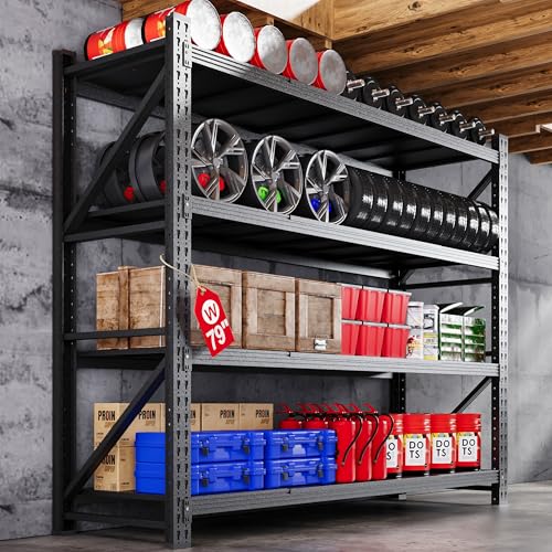79” W Heavy Duty Garage Shelving, 7000LBS Metal Storage Shelves, 4 Tier Storage Rack Shelf, Steel Industrial Shelving, Adjustable Standing Shelf for Basement/Warehouse 79" W x 24" D x 79" H, Black