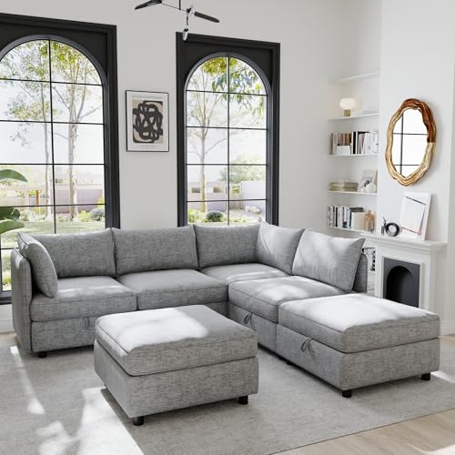 Oversized Modular Sectional Sofa with Movable Ottomans, U-Shaped Chenille J2923