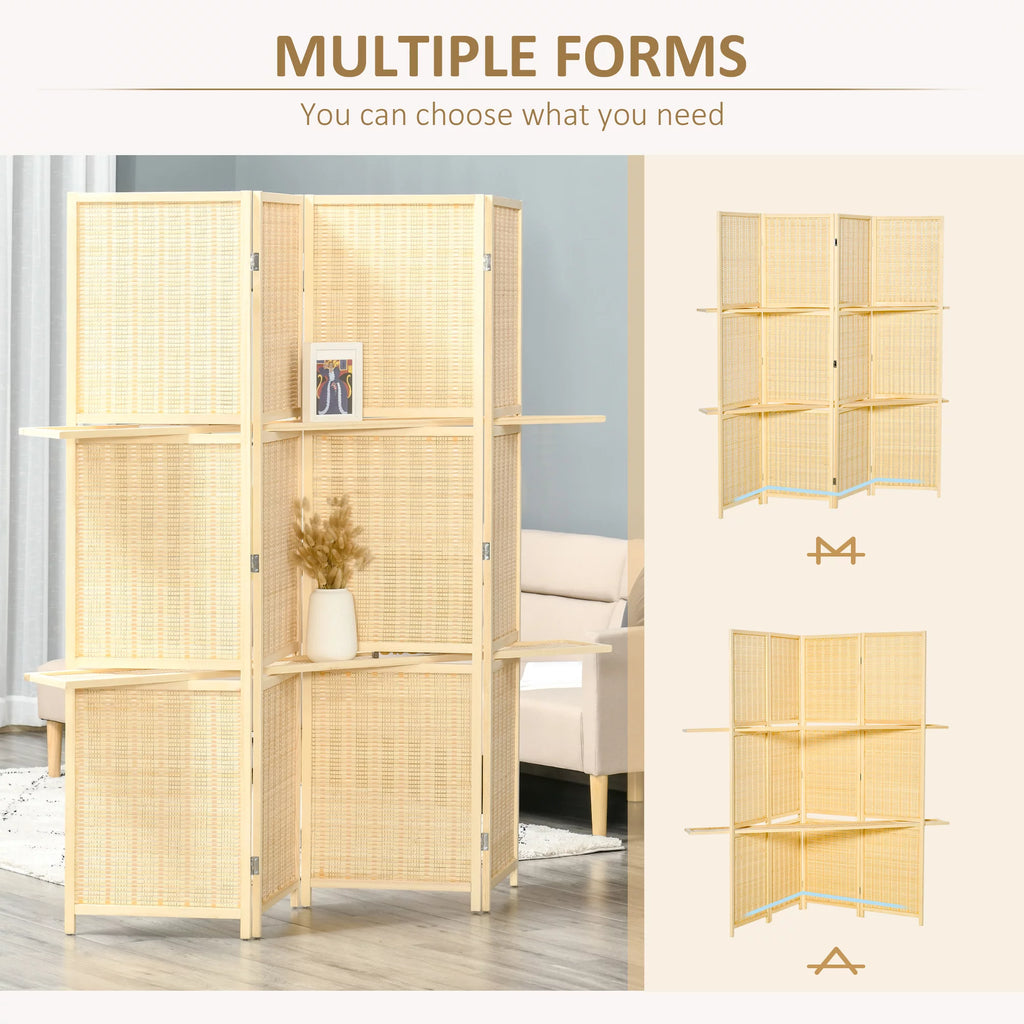 HOMCOM 4-Panel Folding Bamboo Room Divider with Storage Shelves, 6 Ft, Natural Wood H7331