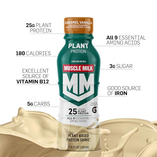 Muscle Milk Plant Based Protein Shake, Vanilla Caramel, 11.16 Fl Oz, 12 Pack C445