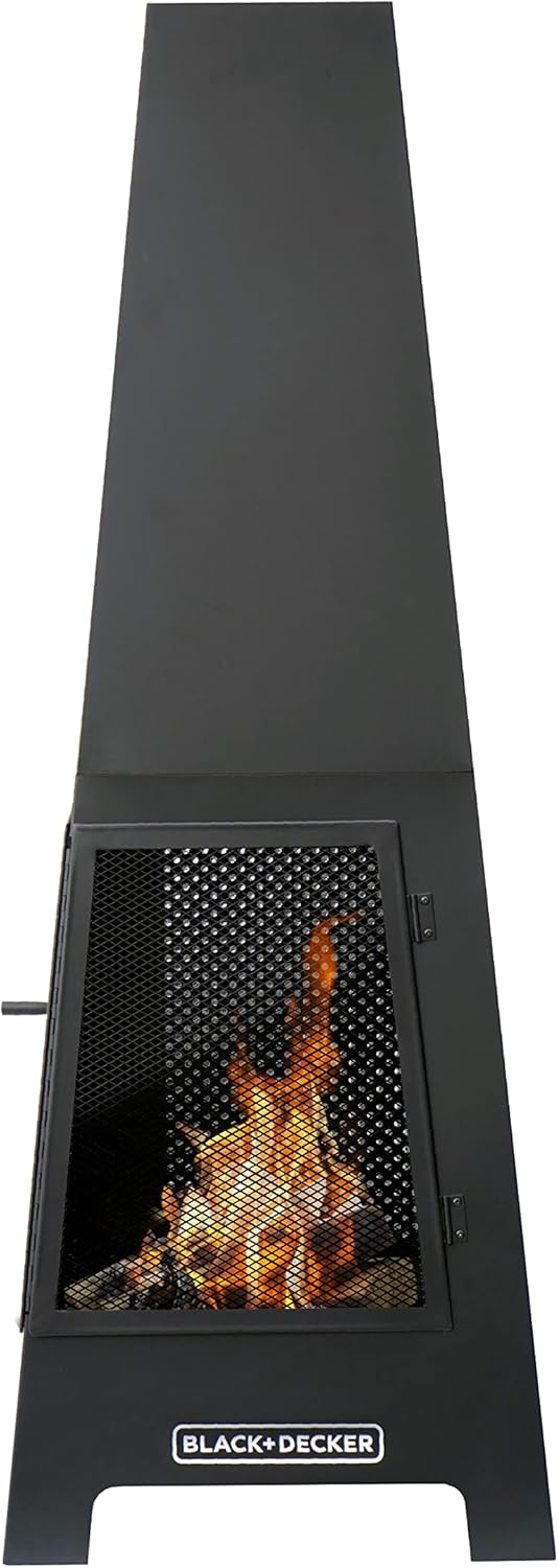 BLACK + DECKER Steel Woodburning Pyramid Chiminea Outdoor Fireplace Hinged mesh screen panel doors Black powder coated steel fire pit over 4 ft tall includes poker