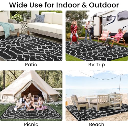 Smiry Waterproof Outdoor Rug 5x8 ft, Reversible Plastic Straw Patio Mat, Black & Beige P20186