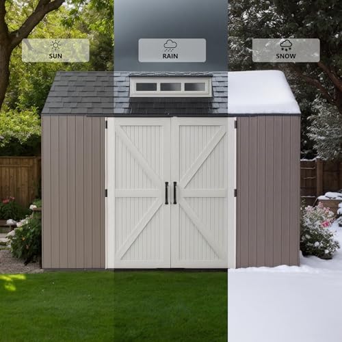 Resin Outdoor Storage Shed with Floor, Weatherproof, Lockable, Brown, 7x7 FT S969