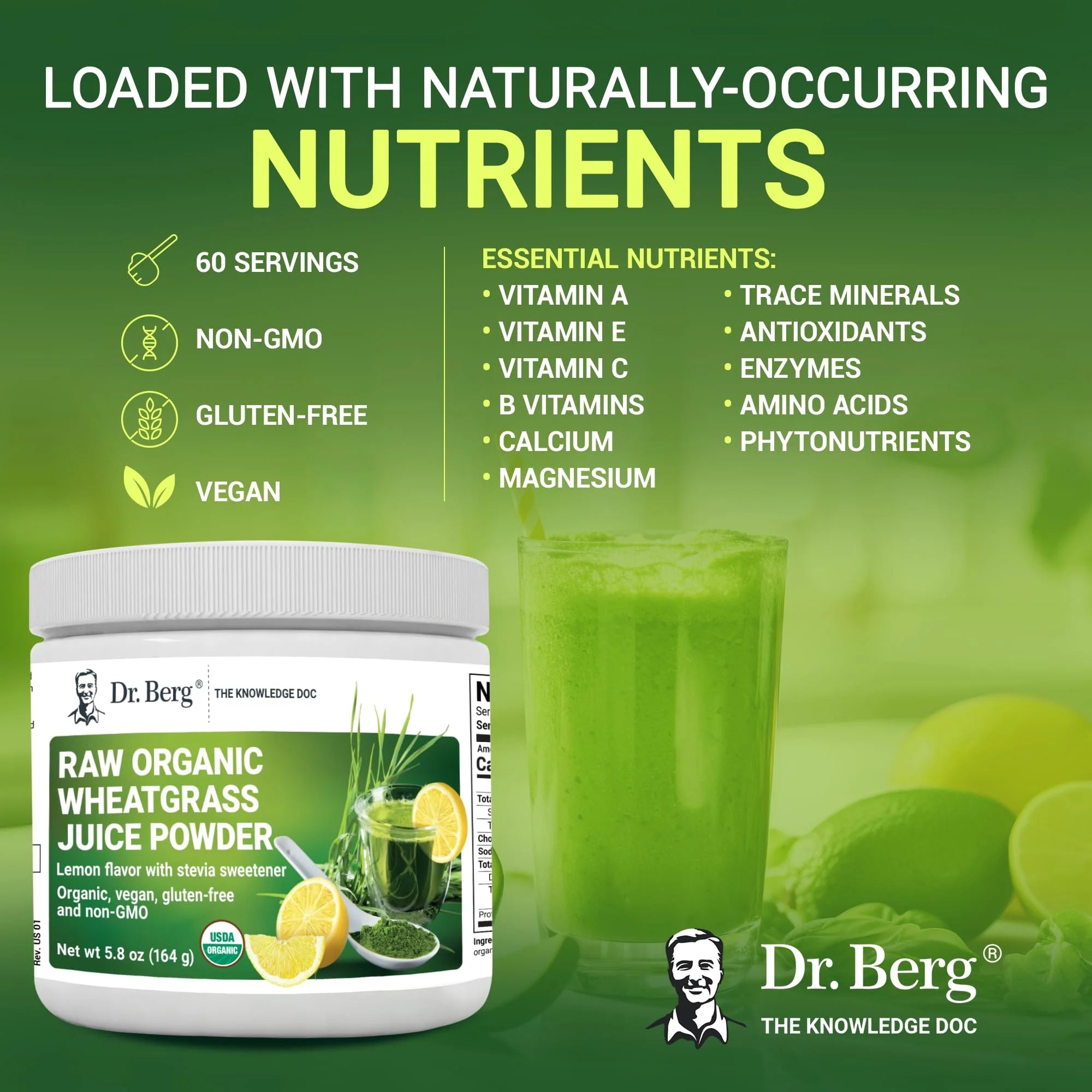 Dr. Berg Organic Wheatgrass Powder, Lemon Flavor, 164g I480