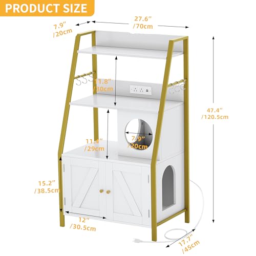 DWVO Cat Litter Box Enclosure with Shelves, Wooden Cat Cabinet, Gold White G890068