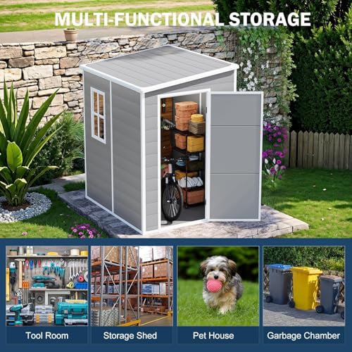 8x6x7 FT Resin Storage Shed, Waterproof Outdoor Tool Shed with Floor, Dove Grey C693740