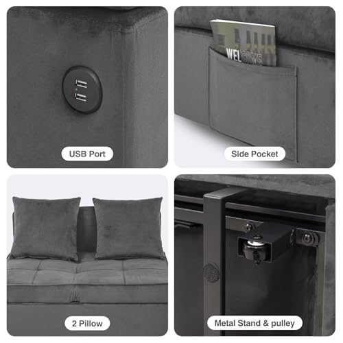 Velvet Convertible Sofa Bed Sleeper Chair with 2 Throw Pillows, Dark Grey U621331