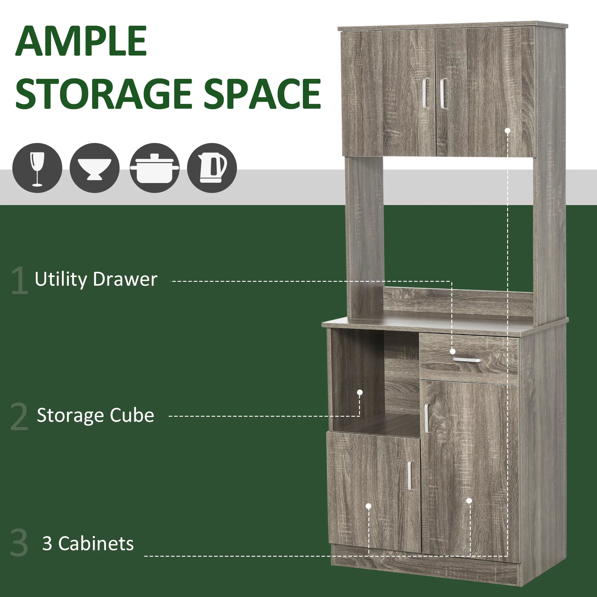HOMCOM Kitchen Pantry Storage Cabinet with Microwave Stand, Gray P732612