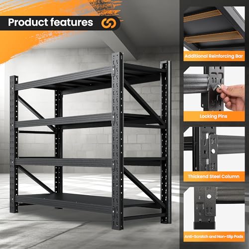 71" W Heavy Duty Steel Garage Shelving, 4-Tier Adjustable Storage Rack, Black C40455