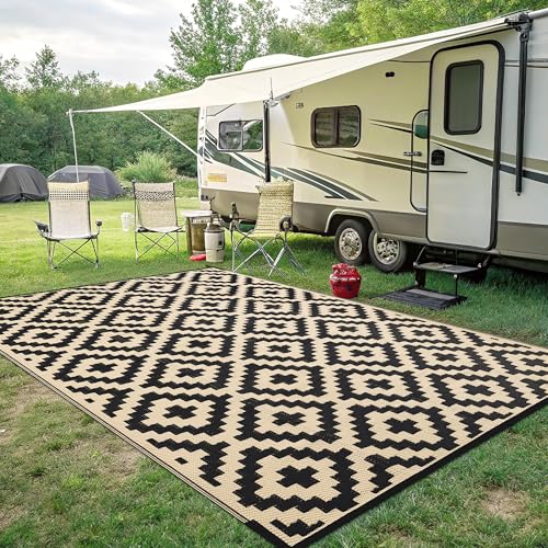 Smiry Waterproof Outdoor Rug 5x8 ft, Reversible Plastic Straw Patio Mat, Black & Beige P20186